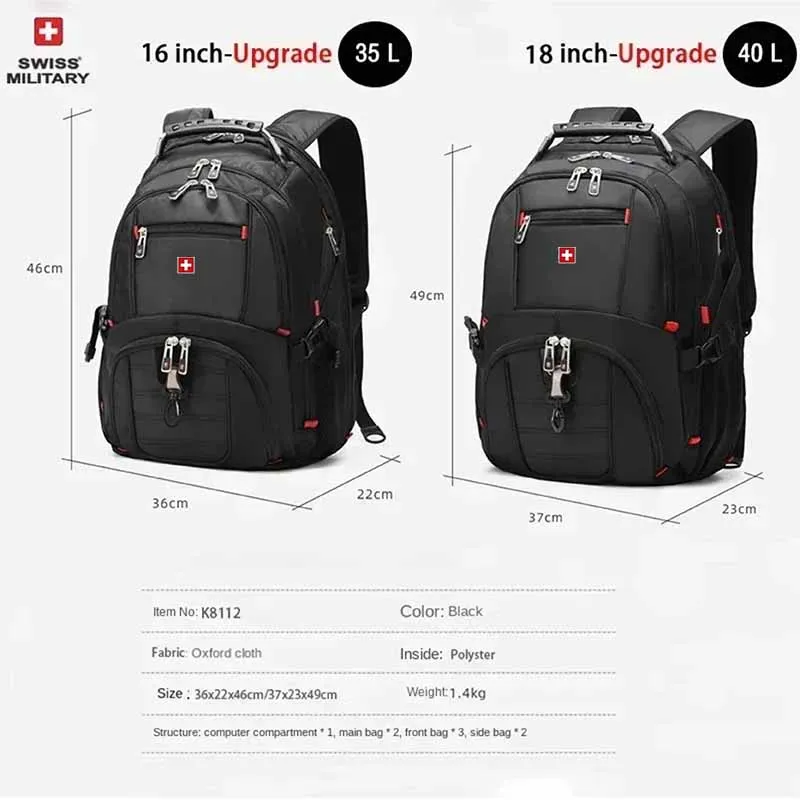 Mochila para portátil SWISS de 17", impermeable, con puerto de carga USB, estilo suizo, multifuncional, ideal para la escuela, senderismo y viajes. - Imagen 30