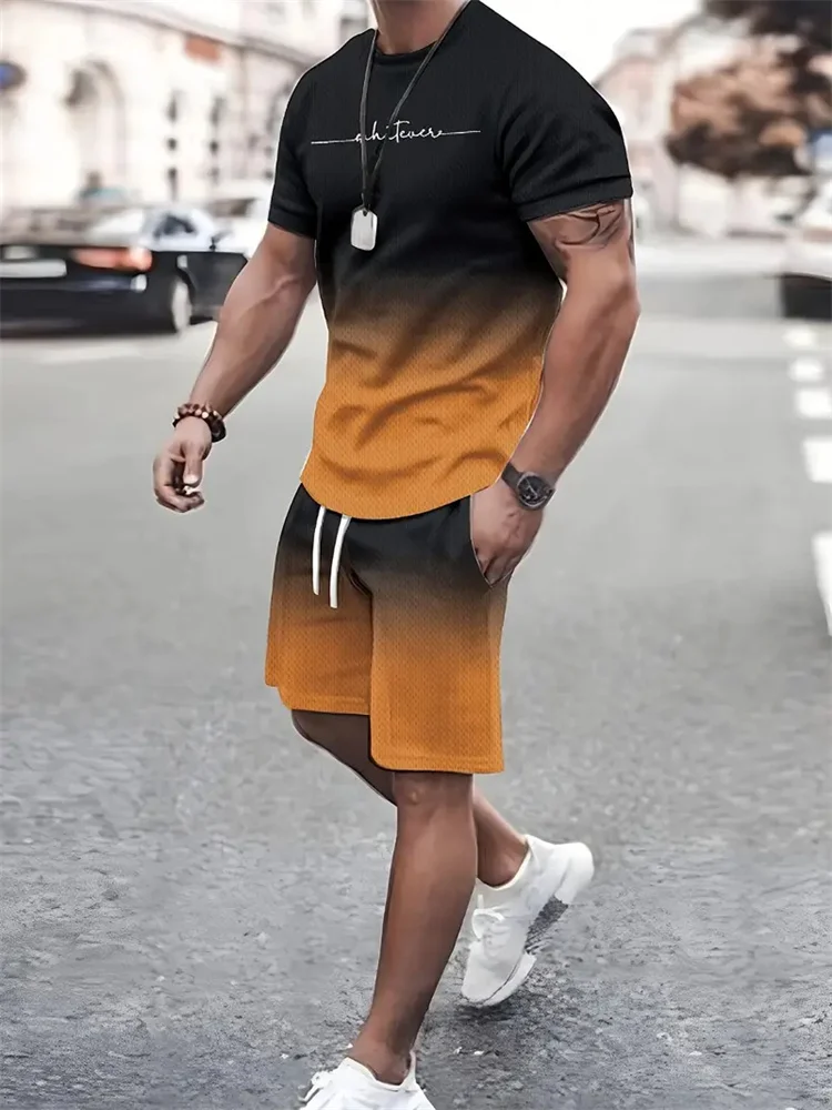 Camiseta y shorts de cuello redondo, cómodos y transpirables, con estampado de letras y estampado urbano para hombre.