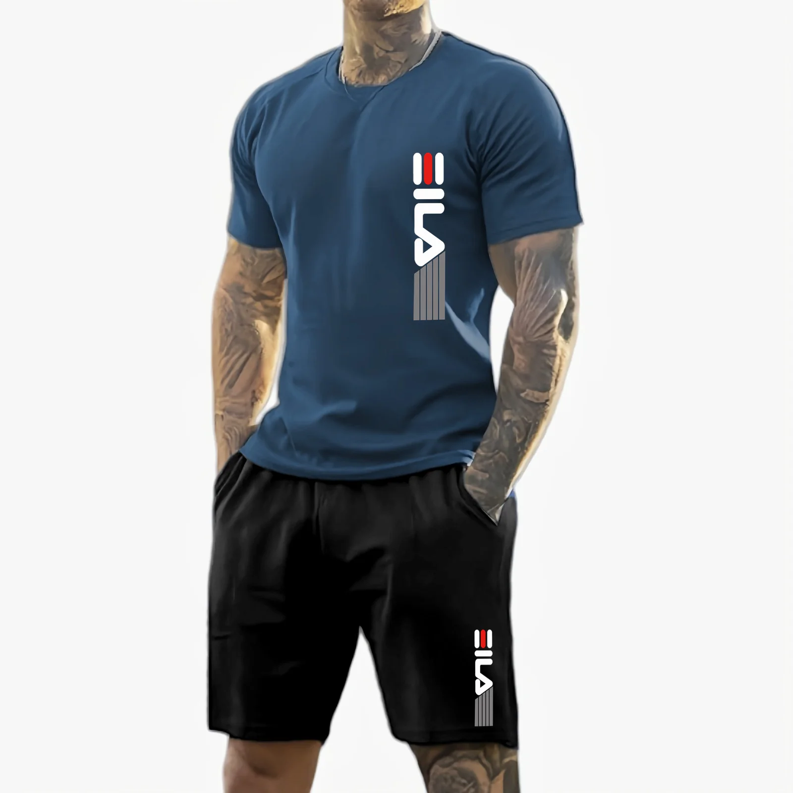 Camiseta y shorts de cuello redondo, cómodos y transpirables, con estampado de letras y estampado urbano para hombre. - Imagen 10