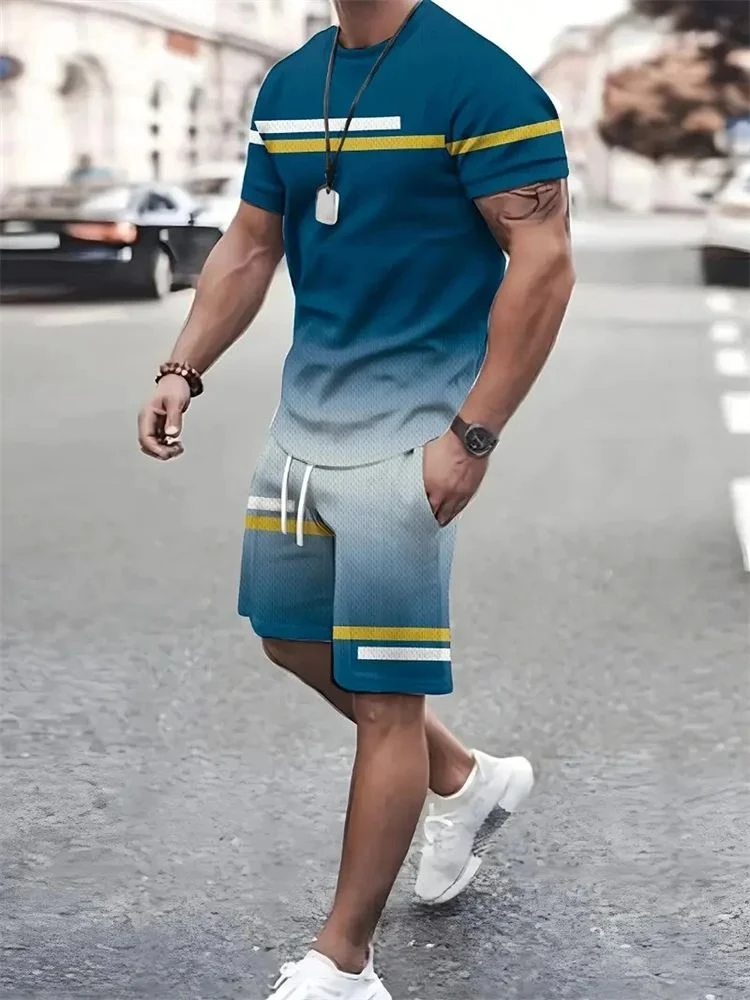 Camiseta y shorts de cuello redondo, cómodos y transpirables, con estampado de letras y estampado urbano para hombre. - Imagen 5