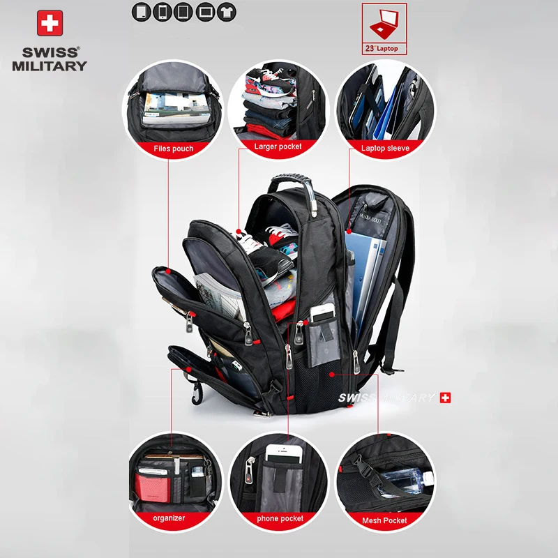 Mochila para portátil SWISS de 17", impermeable, con puerto de carga USB, estilo suizo, multifuncional, ideal para la escuela, senderismo y viajes. - Imagen 21