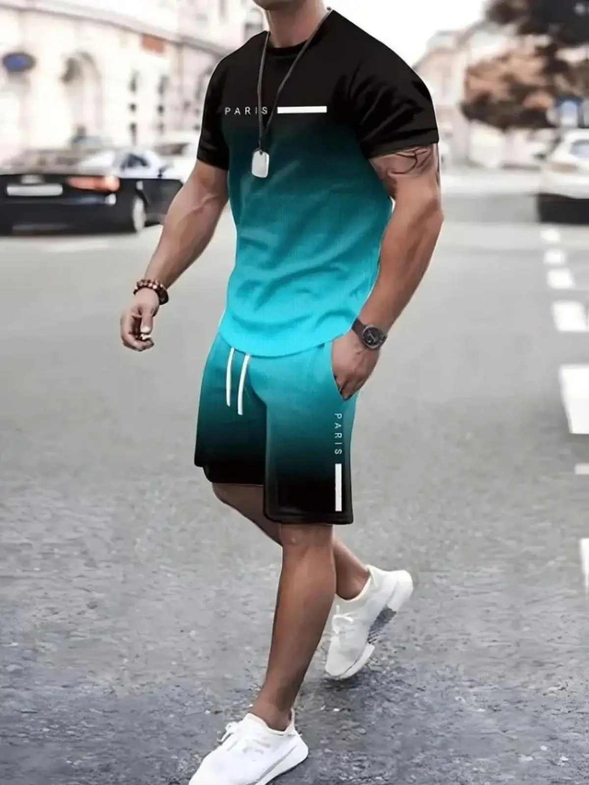 Camiseta y shorts de cuello redondo, cómodos y transpirables, con estampado de letras y estampado urbano para hombre. - Imagen 3