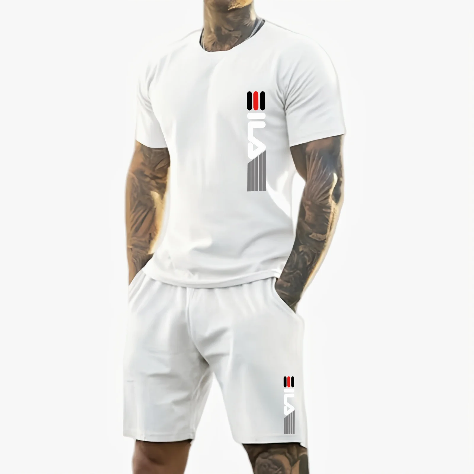 Camiseta y shorts de cuello redondo, cómodos y transpirables, con estampado de letras y estampado urbano para hombre. - Imagen 13