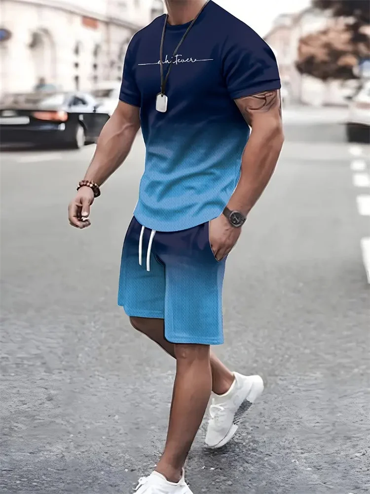 Camiseta y shorts de cuello redondo, cómodos y transpirables, con estampado de letras y estampado urbano para hombre. - Imagen 7