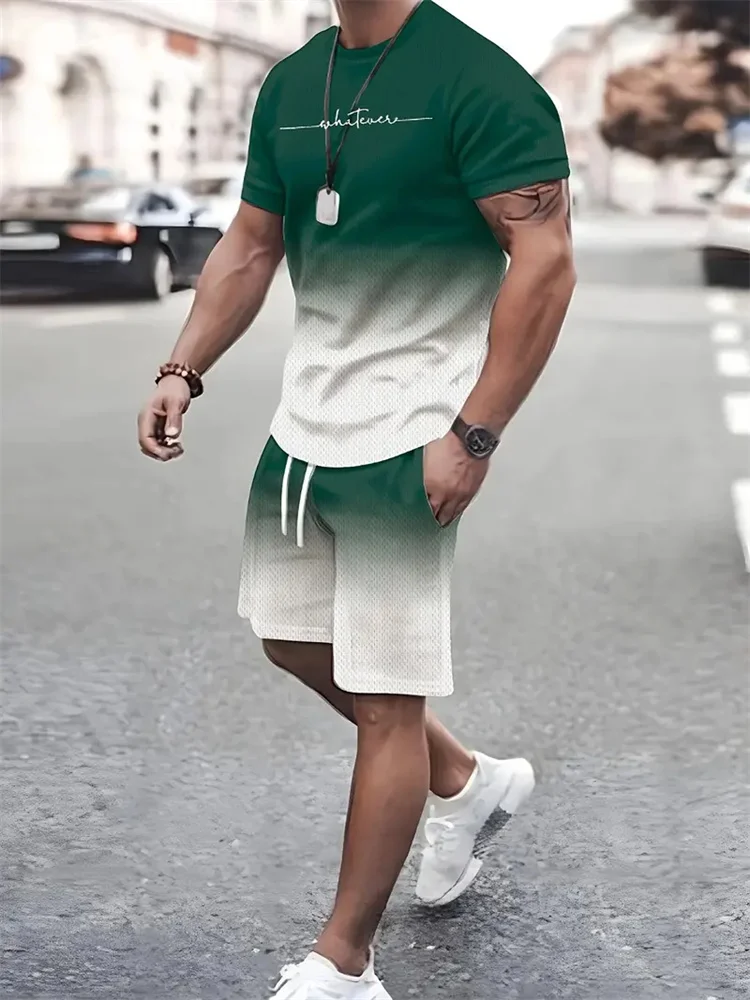 Camiseta y shorts de cuello redondo, cómodos y transpirables, con estampado de letras y estampado urbano para hombre. - Imagen 3