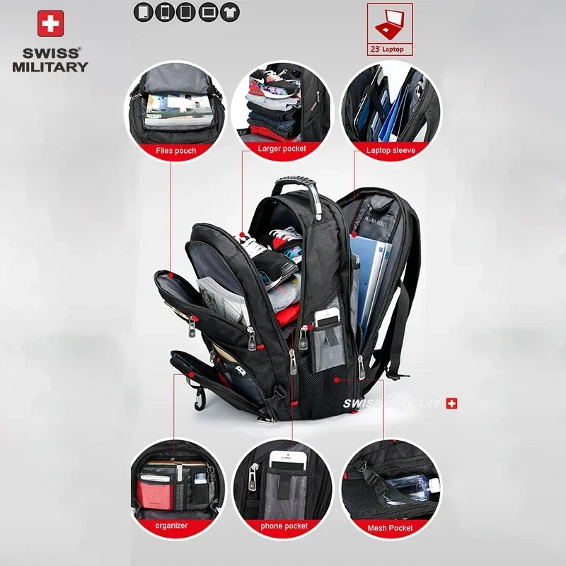 Mochila para portátil SWISS de 17", impermeable, con puerto de carga USB, estilo suizo, multifuncional, ideal para la escuela, senderismo y viajes. - Imagen 2