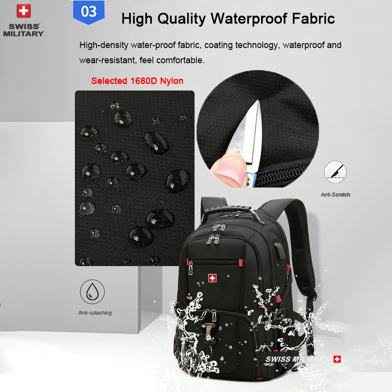 Mochila para portátil SWISS de 17", impermeable, con puerto de carga USB, estilo suizo, multifuncional, ideal para la escuela, senderismo y viajes. - Imagen 26