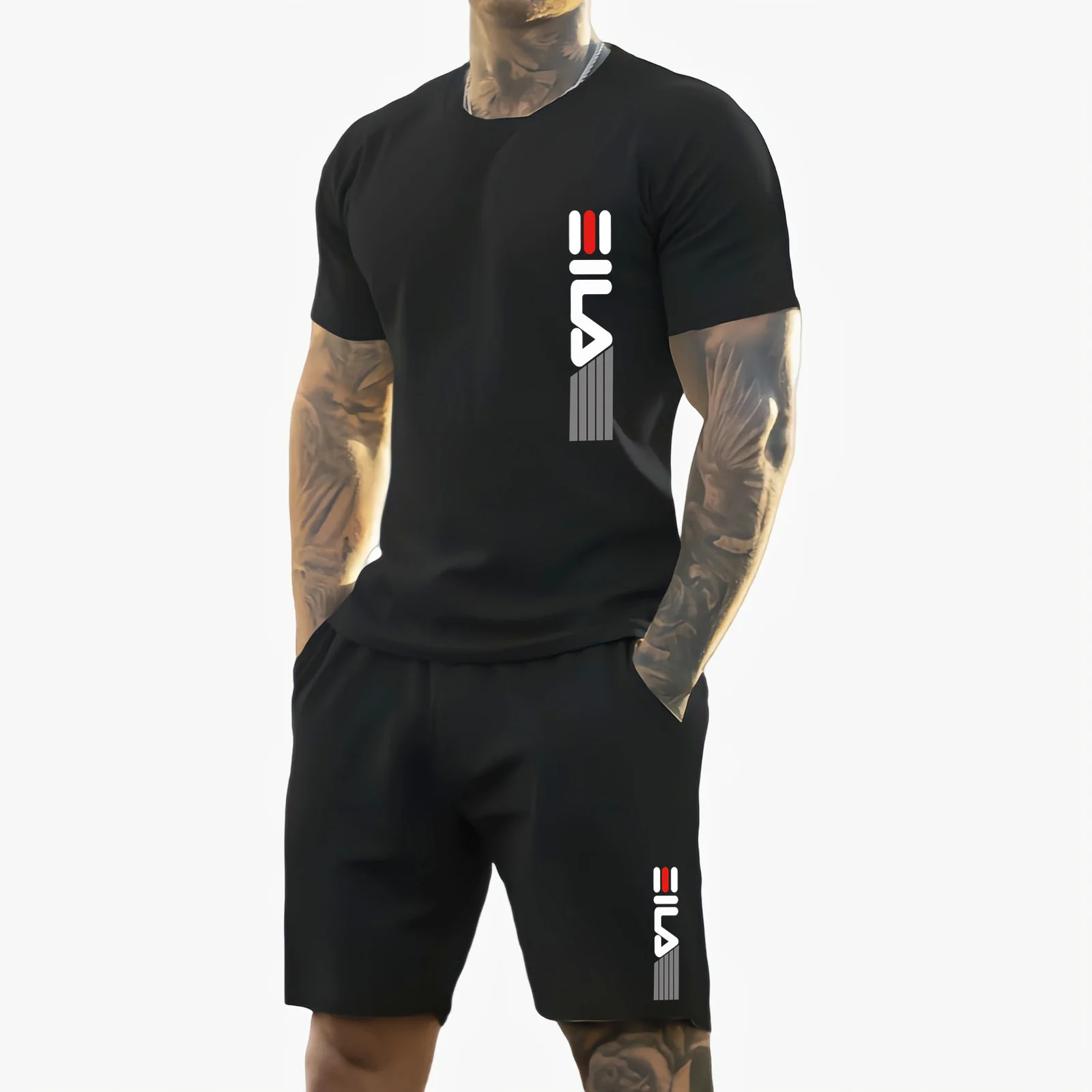 Camiseta y shorts de cuello redondo, cómodos y transpirables, con estampado de letras y estampado urbano para hombre. - Imagen 5