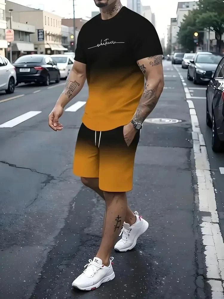 Camiseta y shorts de cuello redondo, cómodos y transpirables, con estampado de letras y estampado urbano para hombre. - Imagen 2