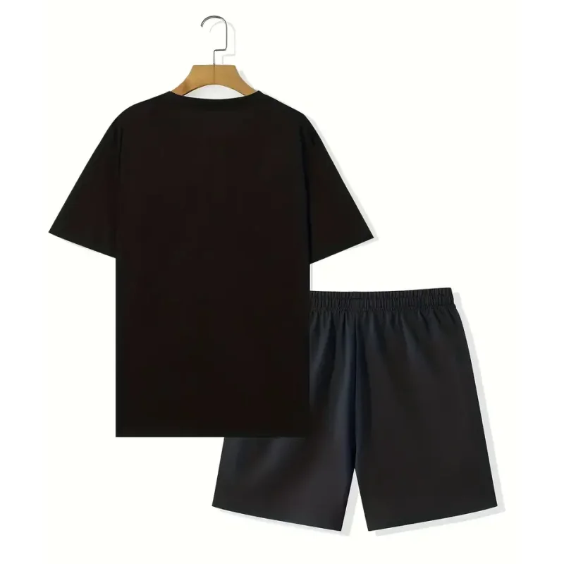 Camiseta y shorts de cuello redondo, cómodos y transpirables, con estampado de letras y estampado urbano para hombre. - Imagen 4