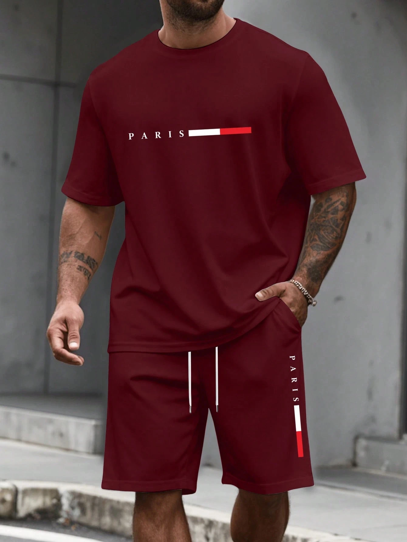 Camiseta y shorts de cuello redondo, cómodos y transpirables, con estampado de letras y estampado urbano para hombre. - Imagen 8