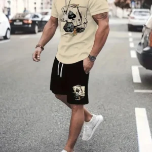 Camiseta y shorts de cuello redondo, cómodos y transpirables, con estampado de letras y estampado urbano para hombre.