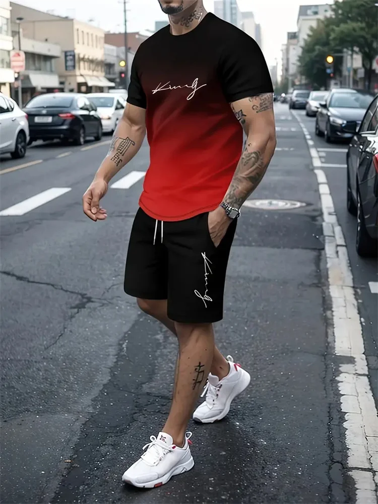 Camiseta y shorts de cuello redondo, cómodos y transpirables, con estampado de letras y estampado urbano para hombre. - Imagen 14