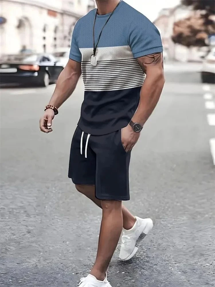 Camiseta y shorts de cuello redondo, cómodos y transpirables, con estampado de letras y estampado urbano para hombre. - Imagen 6