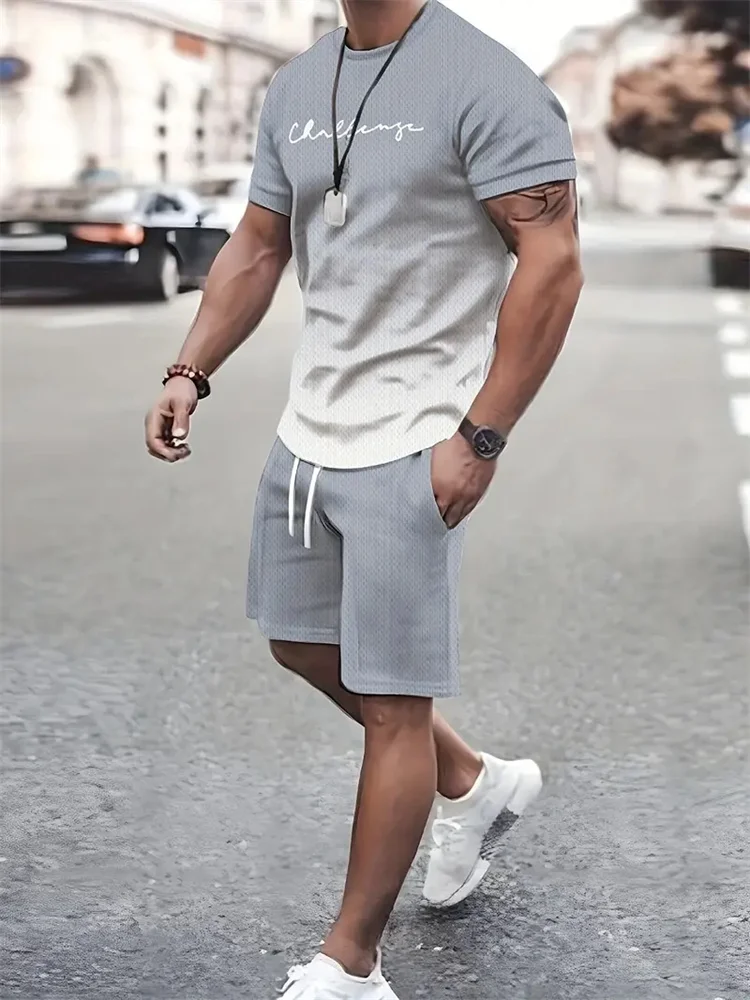 Camiseta y shorts de cuello redondo, cómodos y transpirables, con estampado de letras y estampado urbano para hombre. - Imagen 8