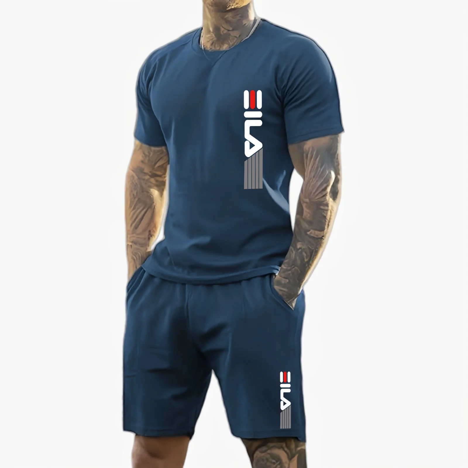 Camiseta y shorts de cuello redondo, cómodos y transpirables, con estampado de letras y estampado urbano para hombre. - Imagen 15