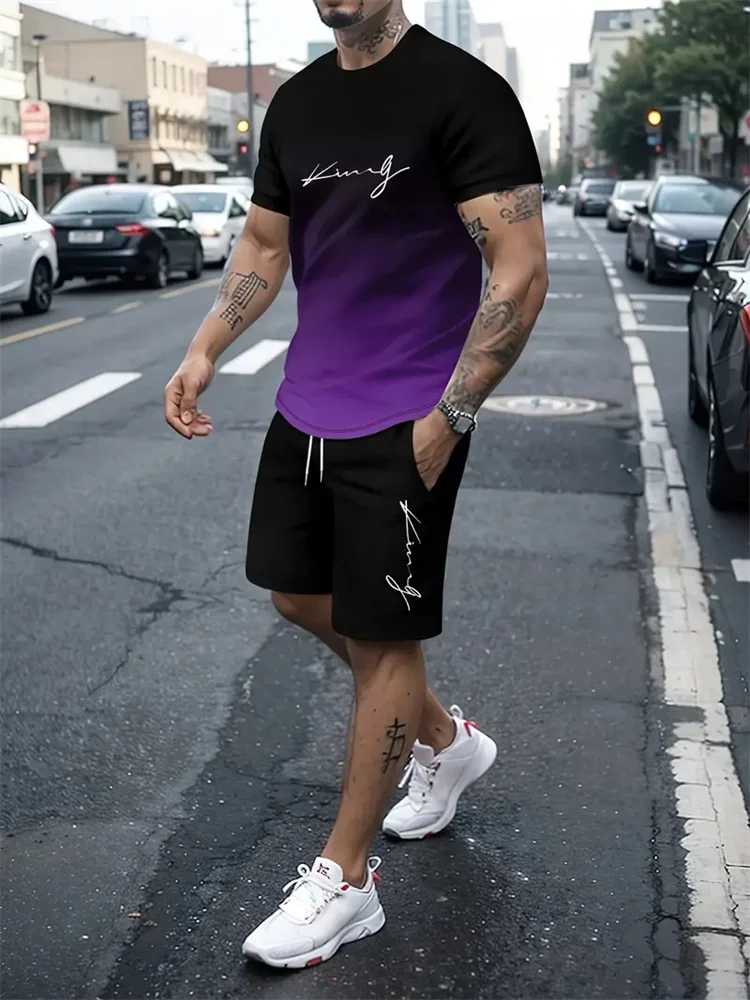 Camiseta y shorts de cuello redondo, cómodos y transpirables, con estampado de letras y estampado urbano para hombre. - Imagen 18