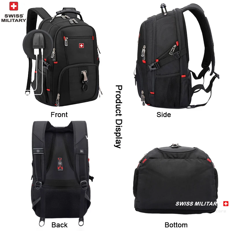 Mochila para portátil SWISS de 17", impermeable, con puerto de carga USB, estilo suizo, multifuncional, ideal para la escuela, senderismo y viajes. - Imagen 31