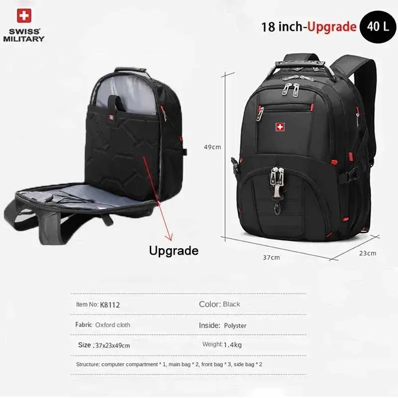 Mochila para portátil SWISS de 17", impermeable, con puerto de carga USB, estilo suizo, multifuncional, ideal para la escuela, senderismo y viajes. - Imagen 12