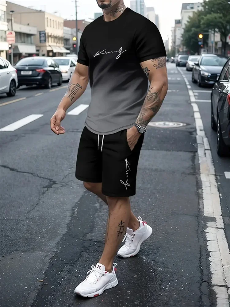 Camiseta y shorts de cuello redondo, cómodos y transpirables, con estampado de letras y estampado urbano para hombre. - Imagen 19