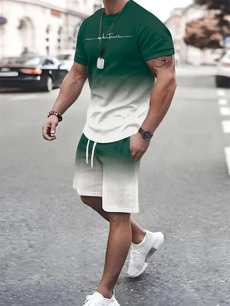 Camiseta y shorts de cuello redondo, cómodos y transpirables, con estampado de letras y estampado urbano para hombre. - Imagen 10