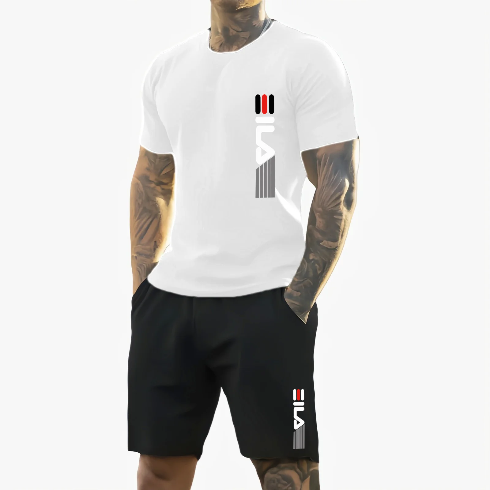 Camiseta y shorts de cuello redondo, cómodos y transpirables, con estampado de letras y estampado urbano para hombre. - Imagen 12