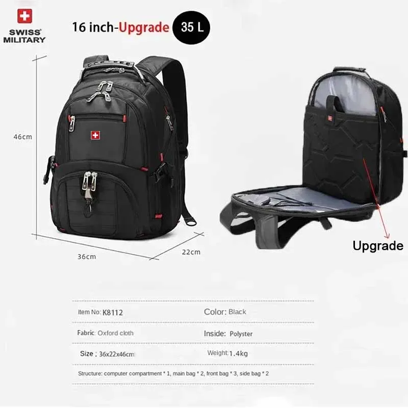 Mochila para portátil SWISS de 17", impermeable, con puerto de carga USB, estilo suizo, multifuncional, ideal para la escuela, senderismo y viajes. - Imagen 10