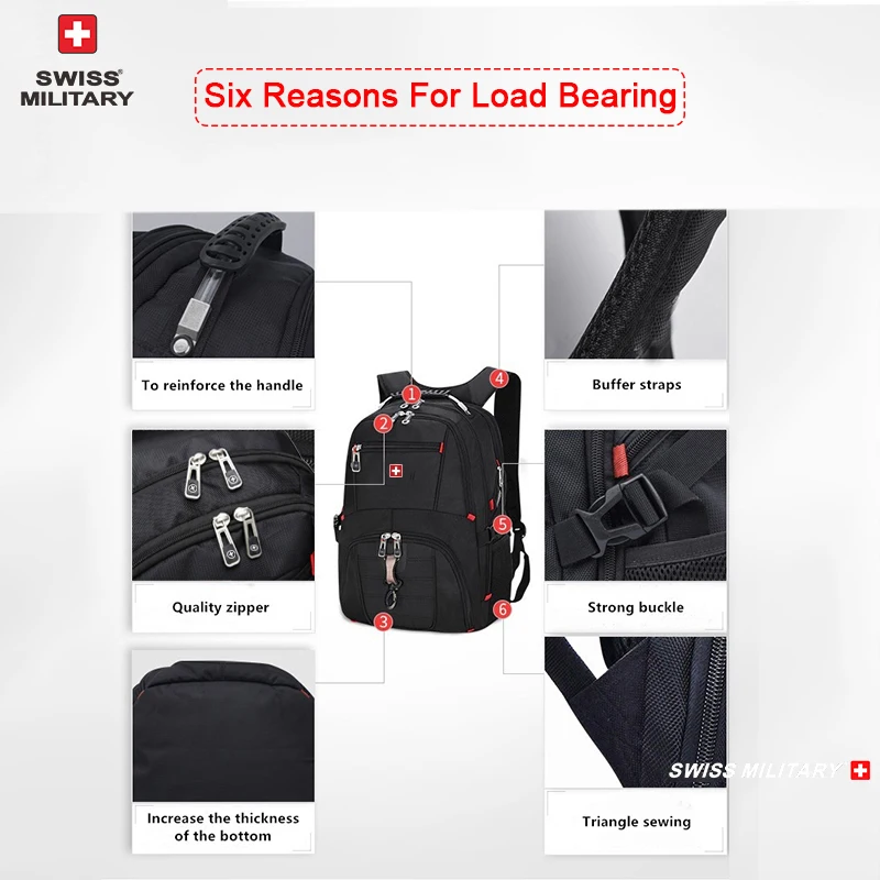 Mochila para portátil SWISS de 17", impermeable, con puerto de carga USB, estilo suizo, multifuncional, ideal para la escuela, senderismo y viajes. - Imagen 25