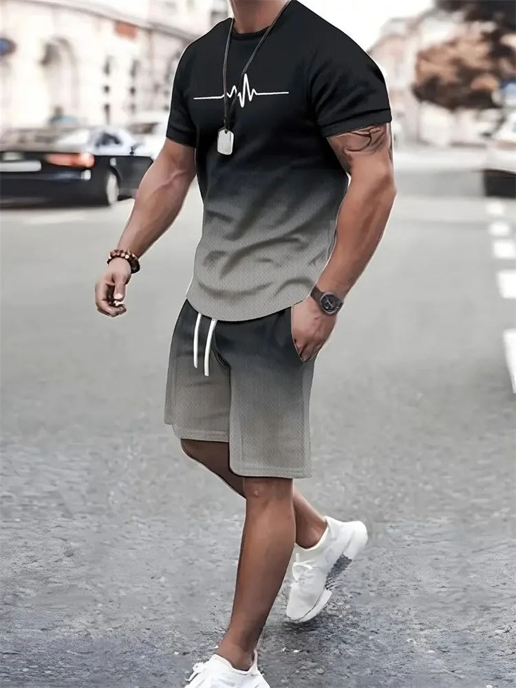 Camiseta y shorts de cuello redondo, cómodos y transpirables, con estampado de letras y estampado urbano para hombre. - Imagen 2
