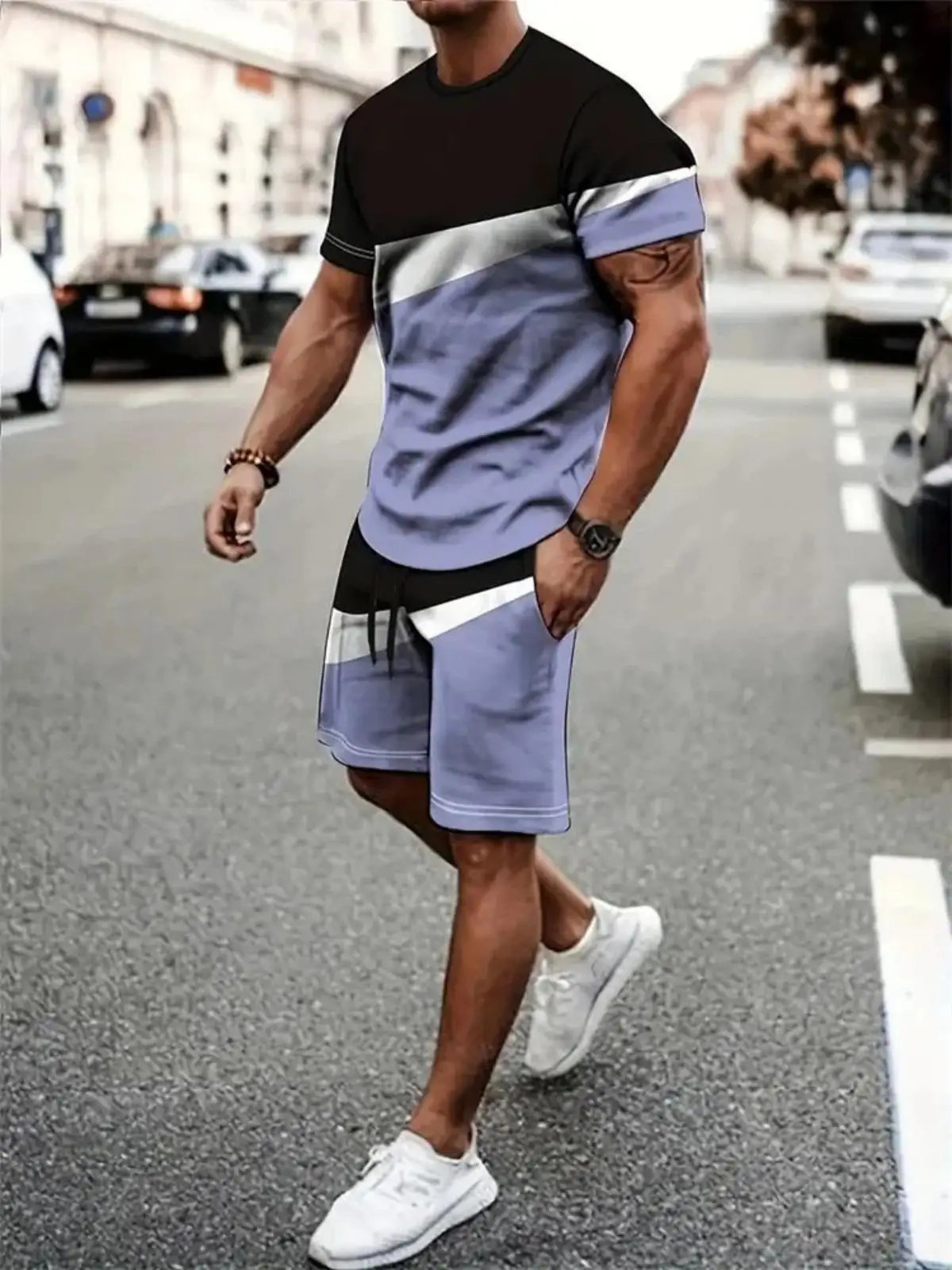 Camiseta y shorts de cuello redondo, cómodos y transpirables, con estampado de letras y estampado urbano para hombre. - Imagen 3