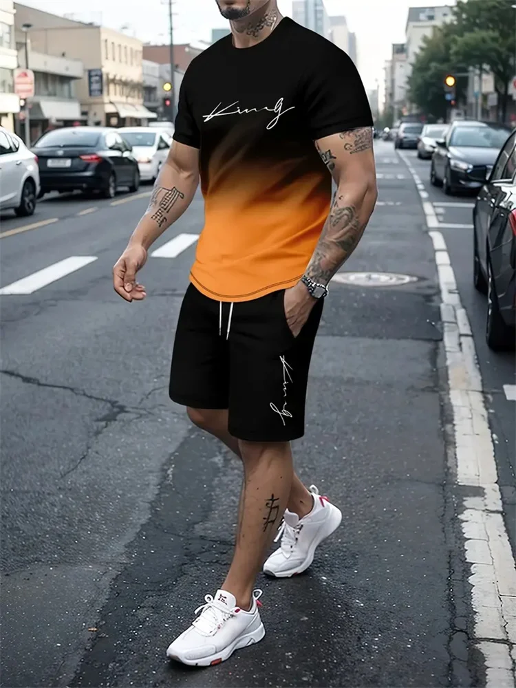 Camiseta y shorts de cuello redondo, cómodos y transpirables, con estampado de letras y estampado urbano para hombre. - Imagen 15