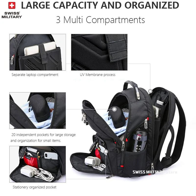 Mochila para portátil SWISS de 17", impermeable, con puerto de carga USB, estilo suizo, multifuncional, ideal para la escuela, senderismo y viajes. - Imagen 24