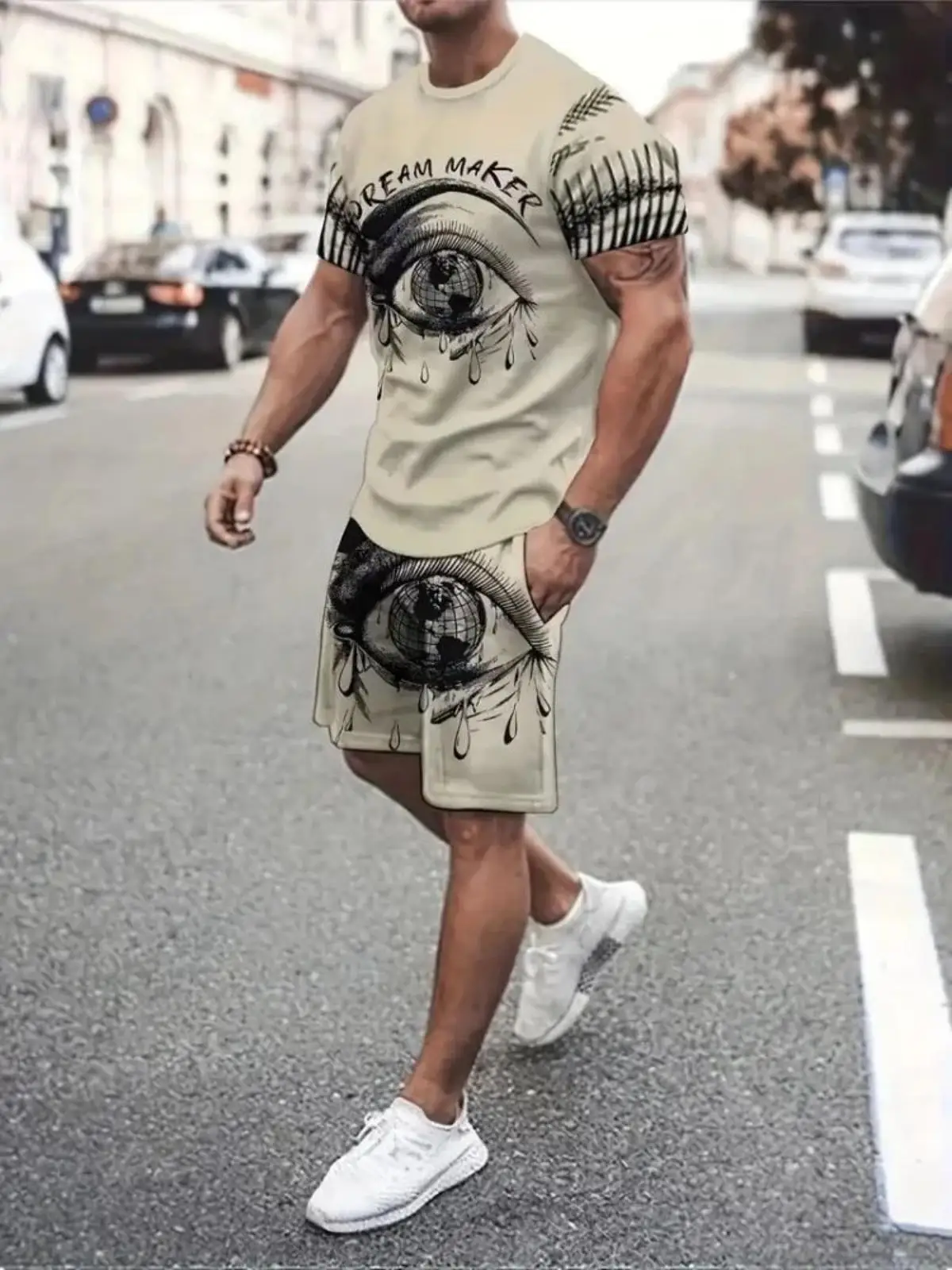 Camiseta y shorts de cuello redondo, cómodos y transpirables, con estampado de letras y estampado urbano para hombre. - Imagen 6