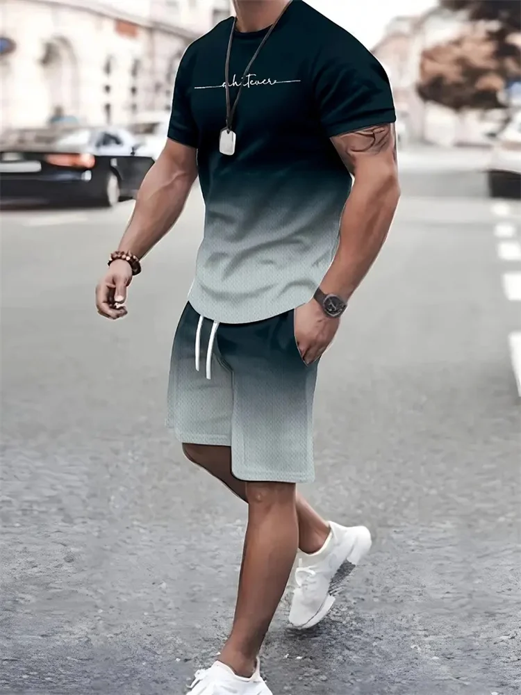Camiseta y shorts de cuello redondo, cómodos y transpirables, con estampado de letras y estampado urbano para hombre. - Imagen 9