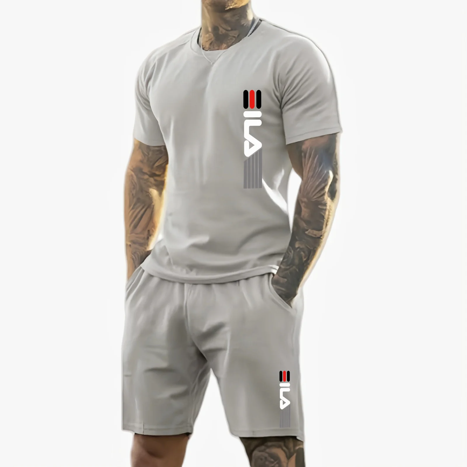 Camiseta y shorts de cuello redondo, cómodos y transpirables, con estampado de letras y estampado urbano para hombre. - Imagen 7