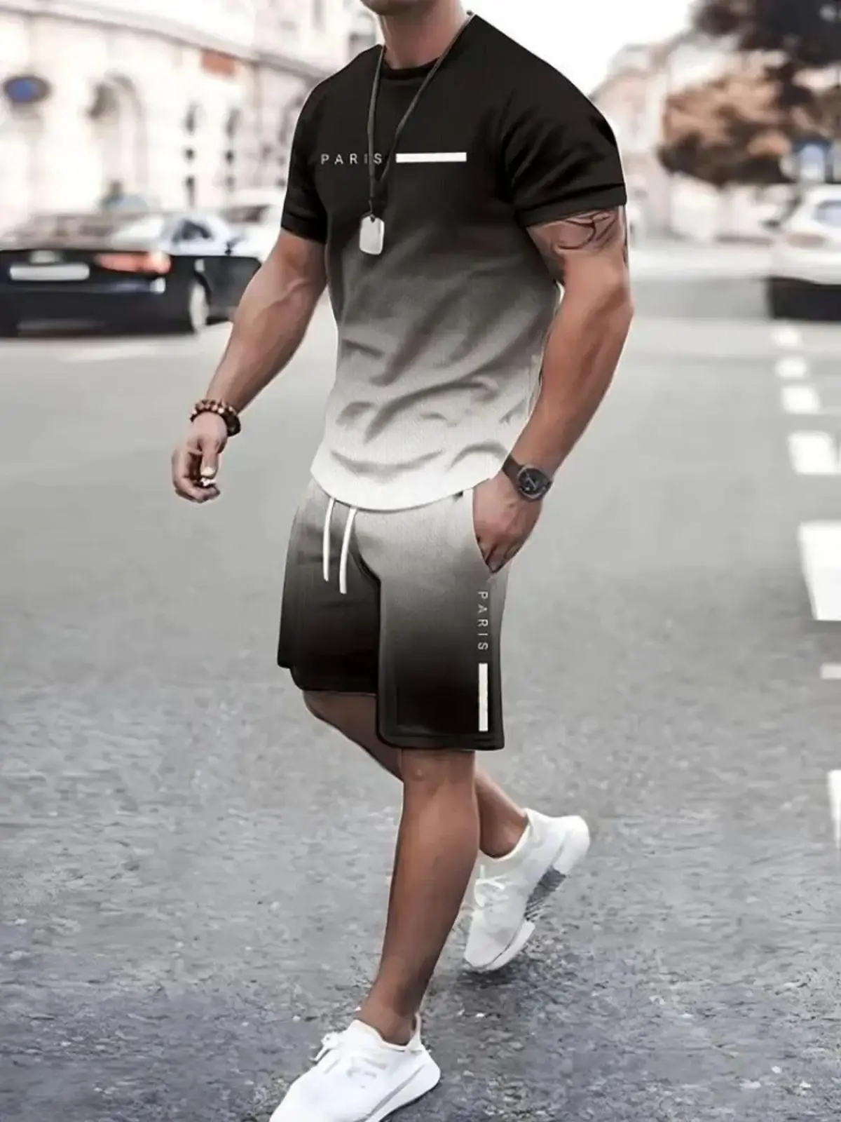 Camiseta y shorts de cuello redondo, cómodos y transpirables, con estampado de letras y estampado urbano para hombre.